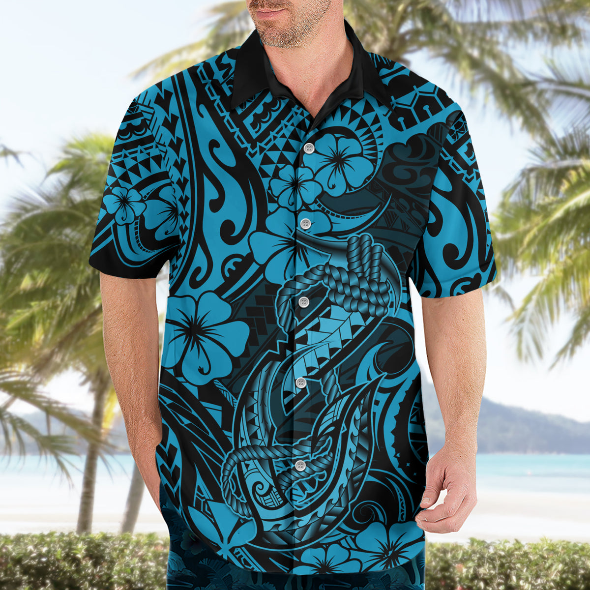 Hawaii Fish Hook Hawaiian Shirt Hibiscus Hawaii Tribal Tattoo Sky Blue Version - Wonder Print Shop