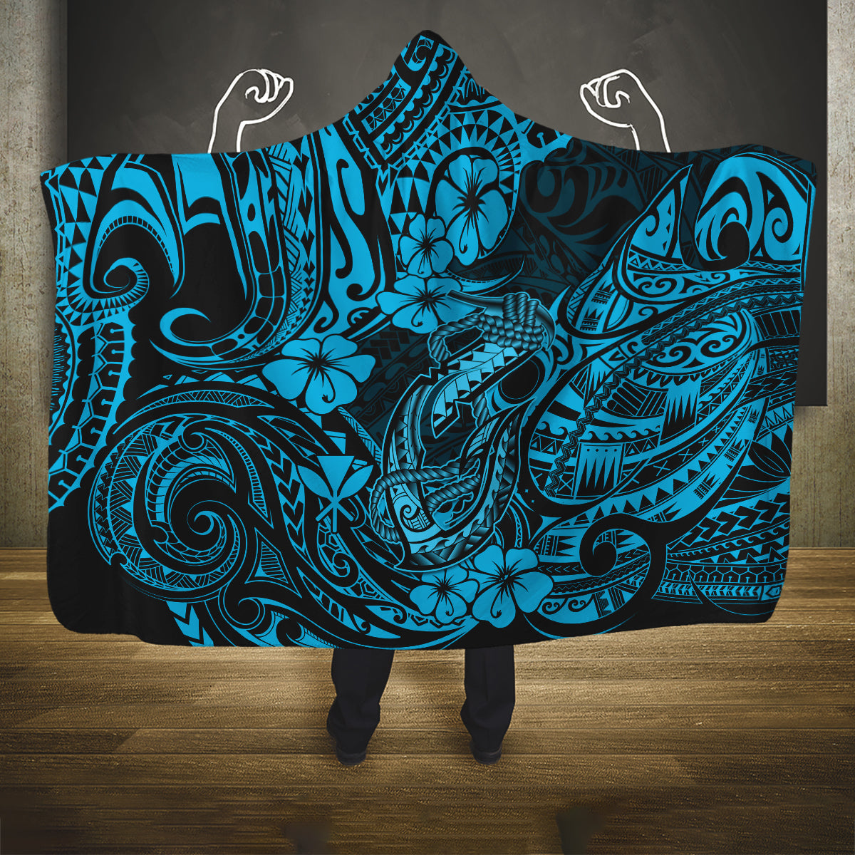 hawaii-fish-hook-hooded-blanket-hibiscus-hawaii-tribal-tattoo-sky-blue-version