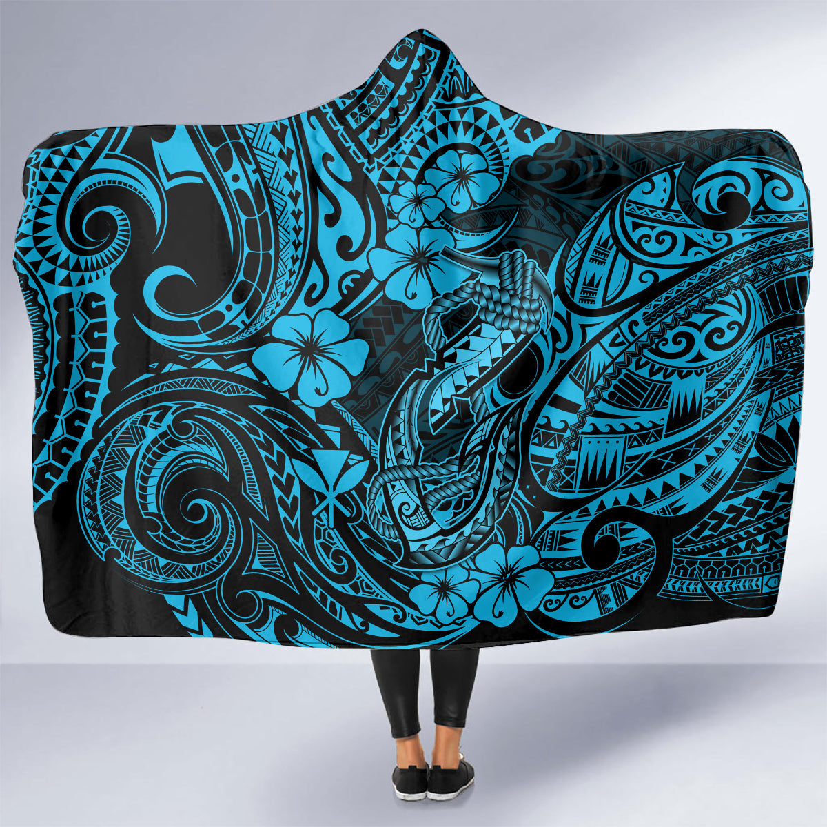 hawaii-fish-hook-hooded-blanket-hibiscus-hawaii-tribal-tattoo-sky-blue-version