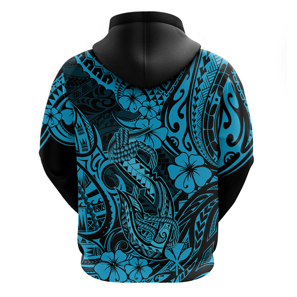 Hawaii Fish Hook Hoodie Hibiscus Hawaii Tribal Tattoo Sky Blue Version - Wonder Print Shop