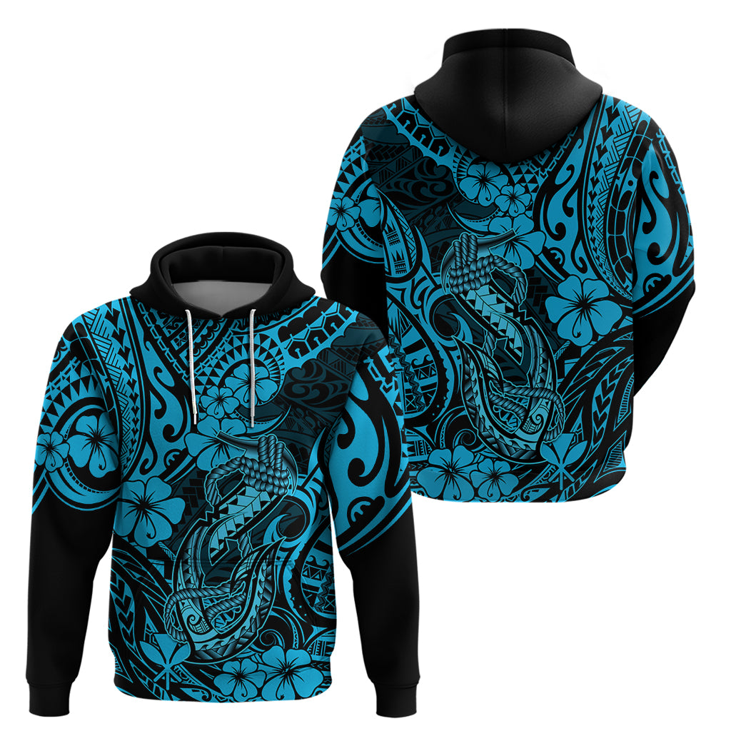 Hawaii Fish Hook Hoodie Hibiscus Hawaii Tribal Tattoo Sky Blue Version - Wonder Print Shop