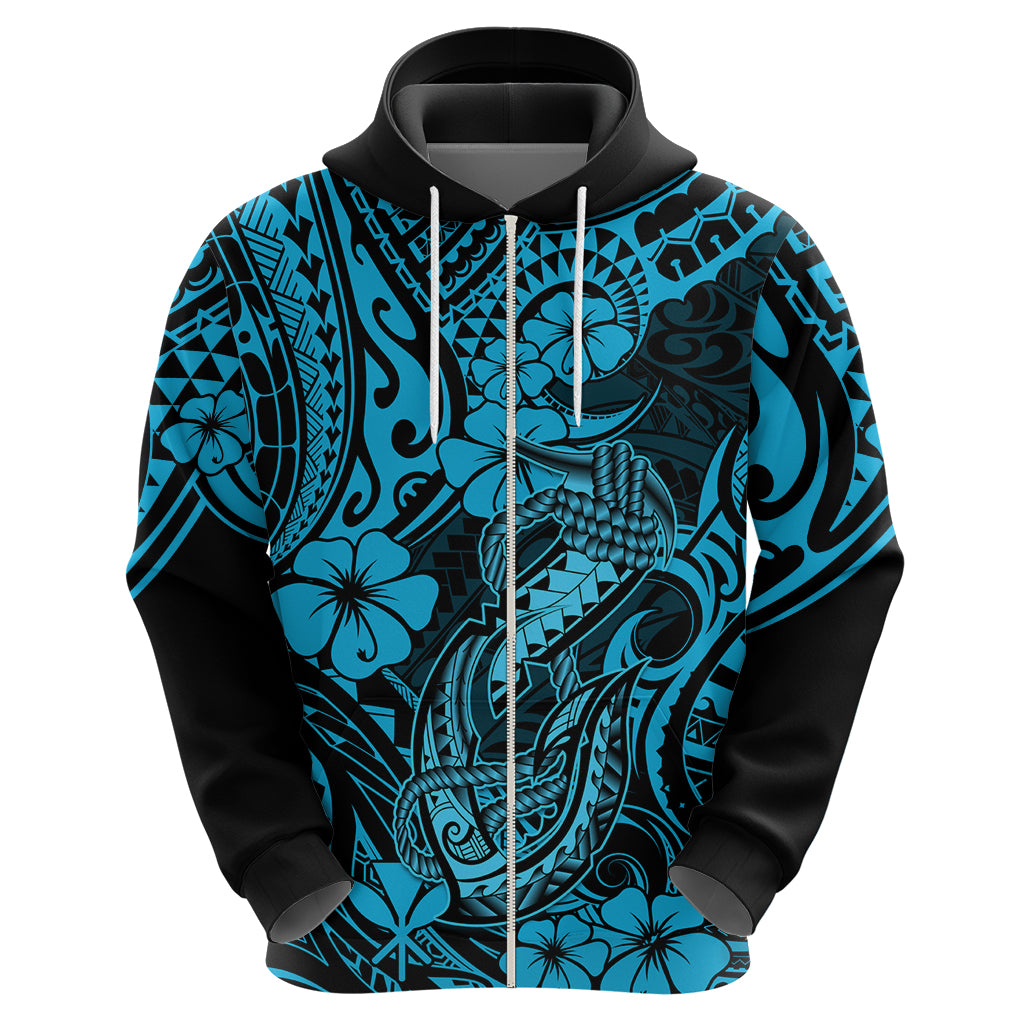 Hawaii Fish Hook Hoodie Hibiscus Hawaii Tribal Tattoo Sky Blue Version - Wonder Print Shop