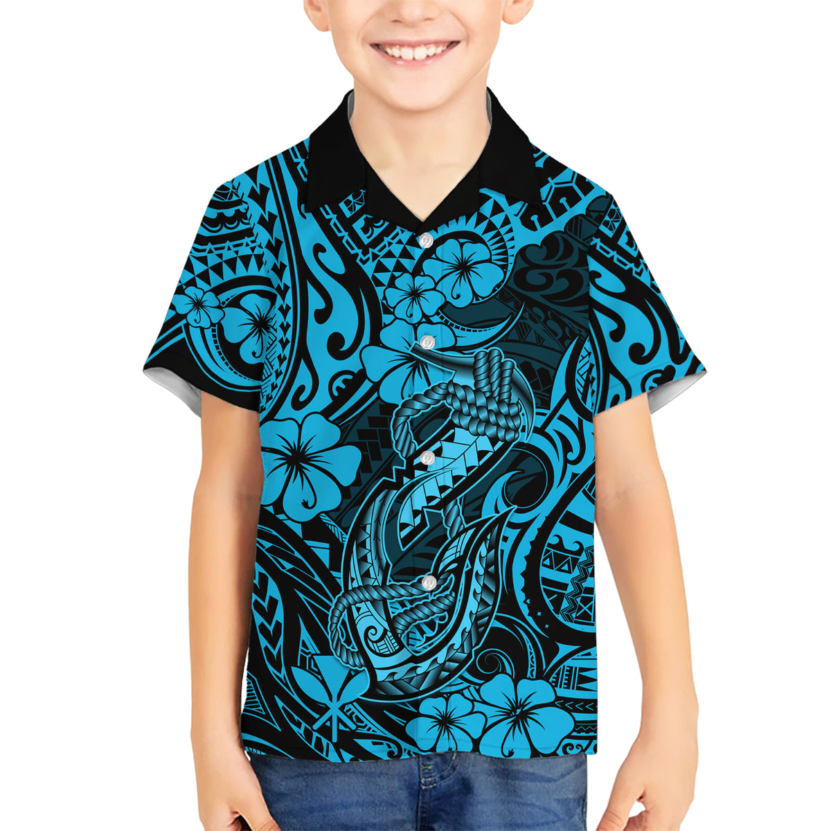 Hawaii Fish Hook Kid Hawaiian Shirt Hibiscus Hawaii Tribal Tattoo Sky Blue Version - Wonder Print Shop