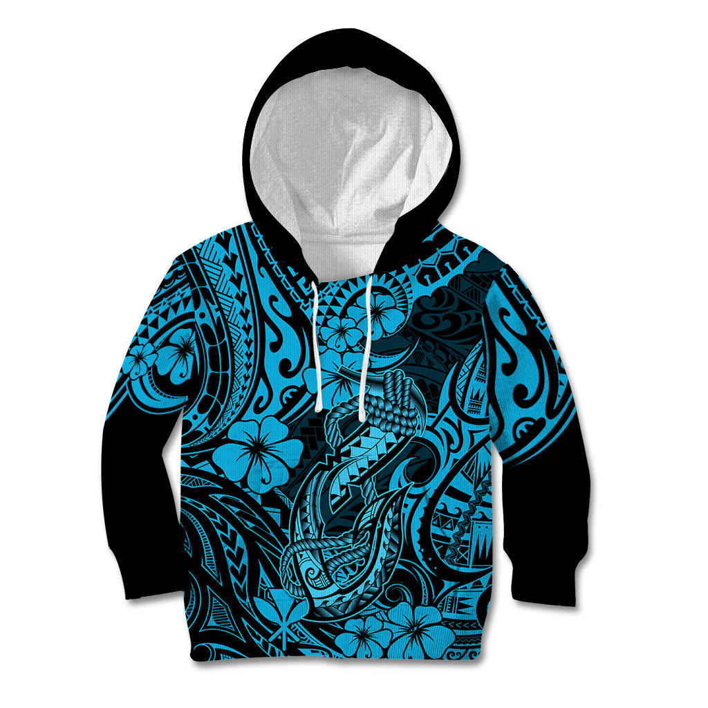 Hawaii Fish Hook Kid Hoodie Hibiscus Hawaii Tribal Tattoo Sky Blue Version - Wonder Print Shop