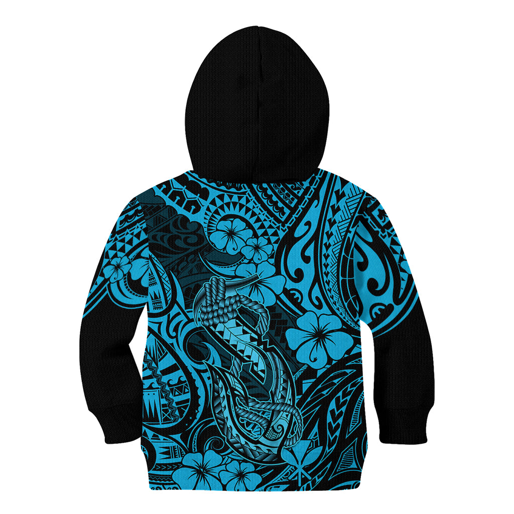 Hawaii Fish Hook Kid Hoodie Hibiscus Hawaii Tribal Tattoo Sky Blue Version - Wonder Print Shop