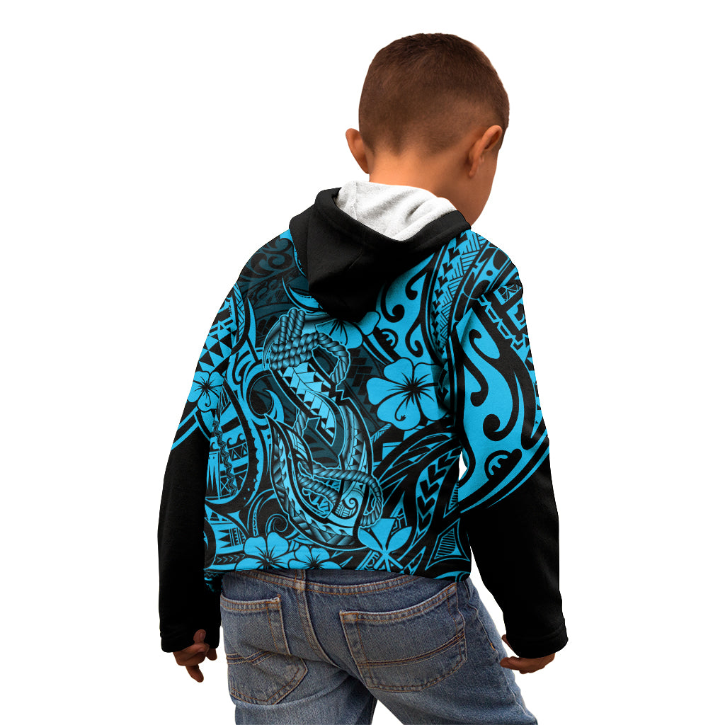 Hawaii Fish Hook Kid Hoodie Hibiscus Hawaii Tribal Tattoo Sky Blue Version - Wonder Print Shop