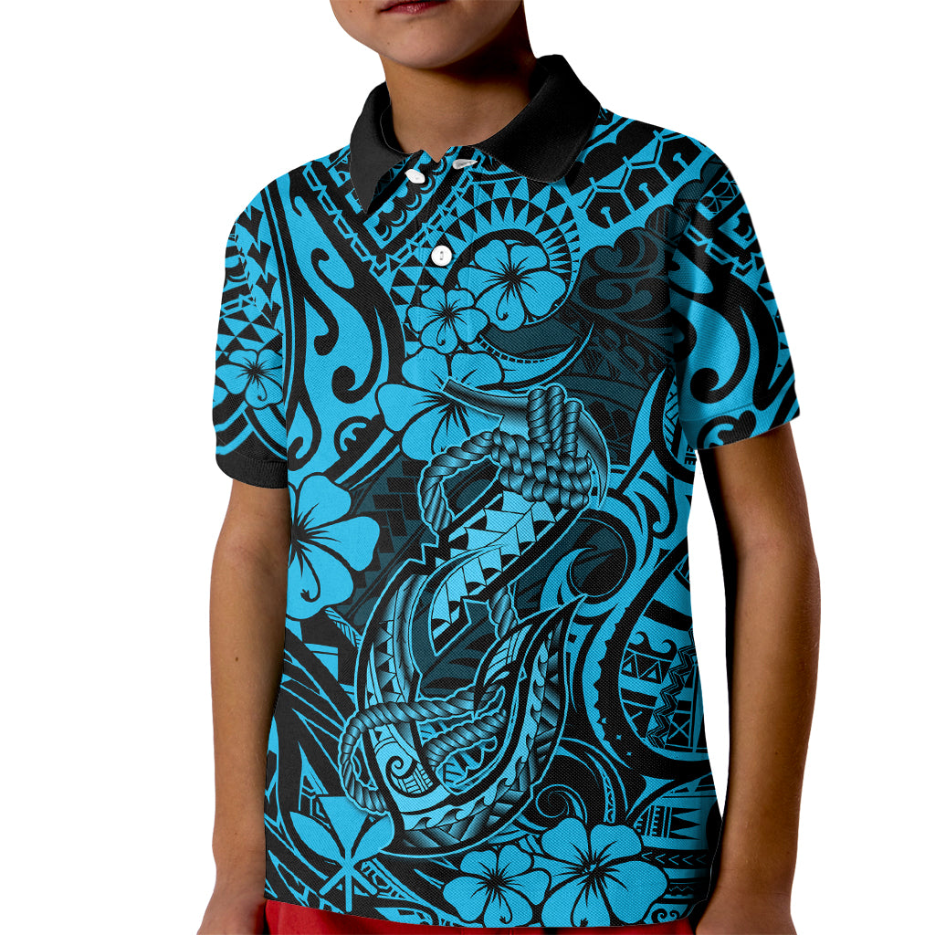 Hawaii Fish Hook Kid Polo Shirt Hibiscus Hawaii Tribal Tattoo Sky Blue Version - Wonder Print Shop