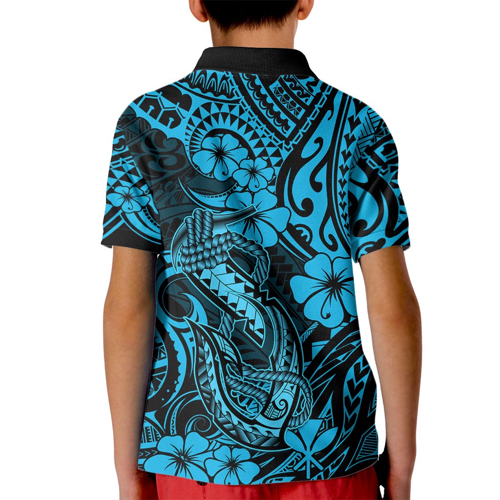 Hawaii Fish Hook Kid Polo Shirt Hibiscus Hawaii Tribal Tattoo Sky Blue Version - Wonder Print Shop