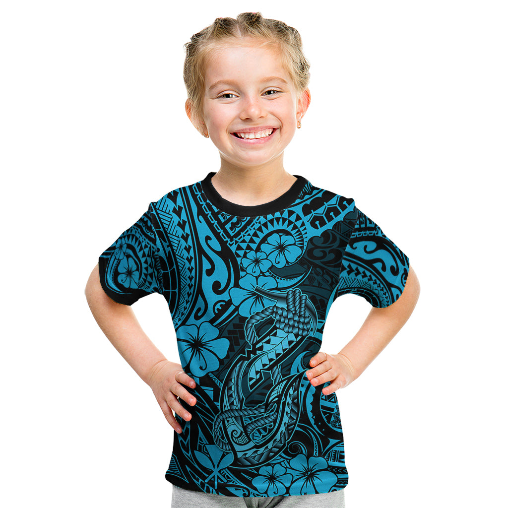 Hawaii Fish Hook Kid T Shirt Hibiscus Hawaii Tribal Tattoo Sky Blue Version - Wonder Print Shop