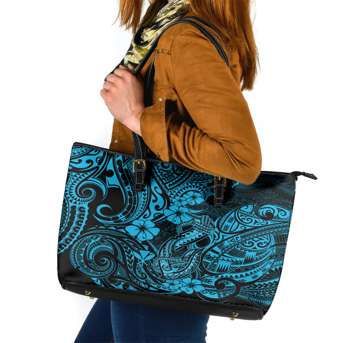 Hawaii Fish Hook Leather Tote Bag Hibiscus Hawaii Tribal Tattoo Sky Blue Version - Wonder Print Shop