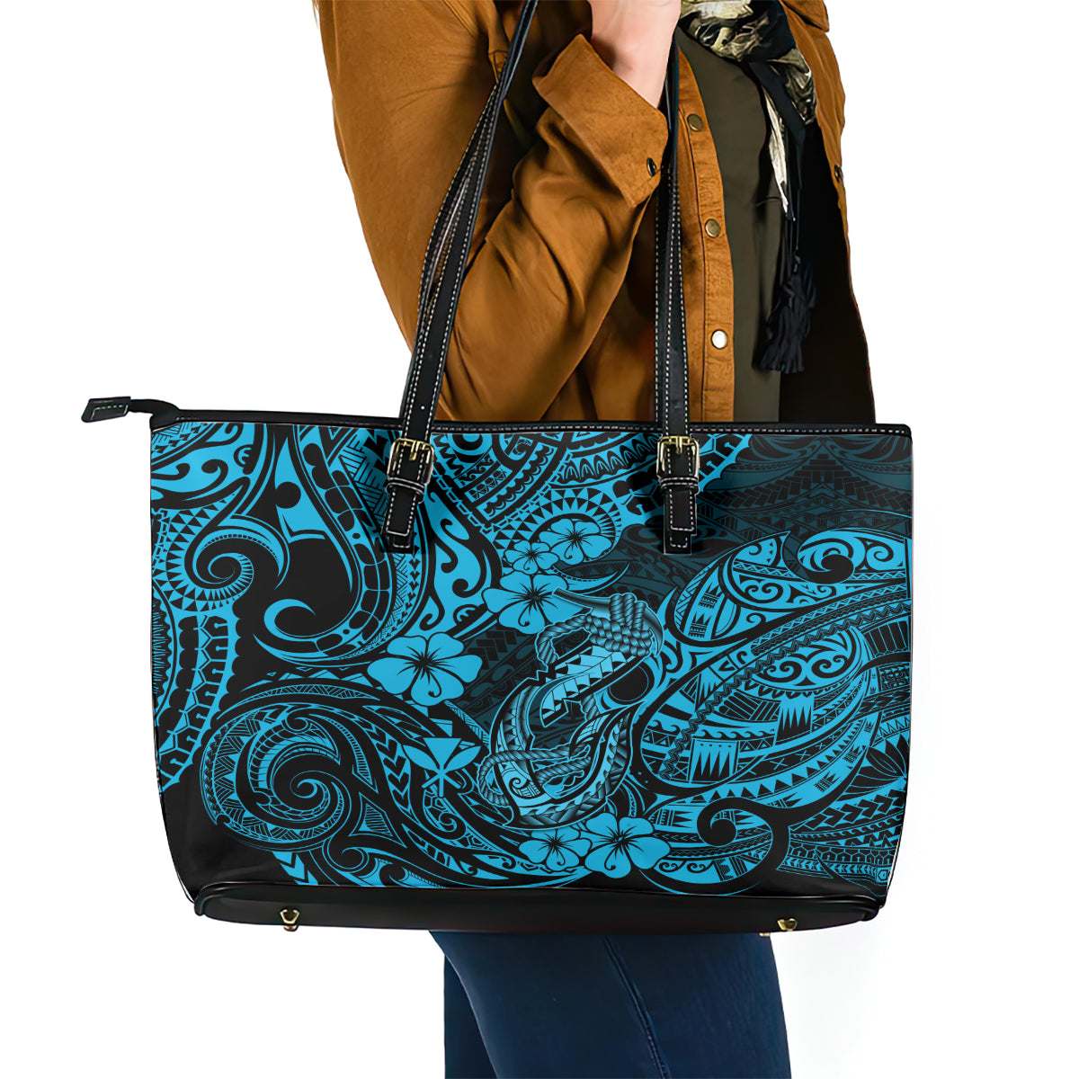 Hawaii Fish Hook Leather Tote Bag Hibiscus Hawaii Tribal Tattoo Sky Blue Version - Wonder Print Shop