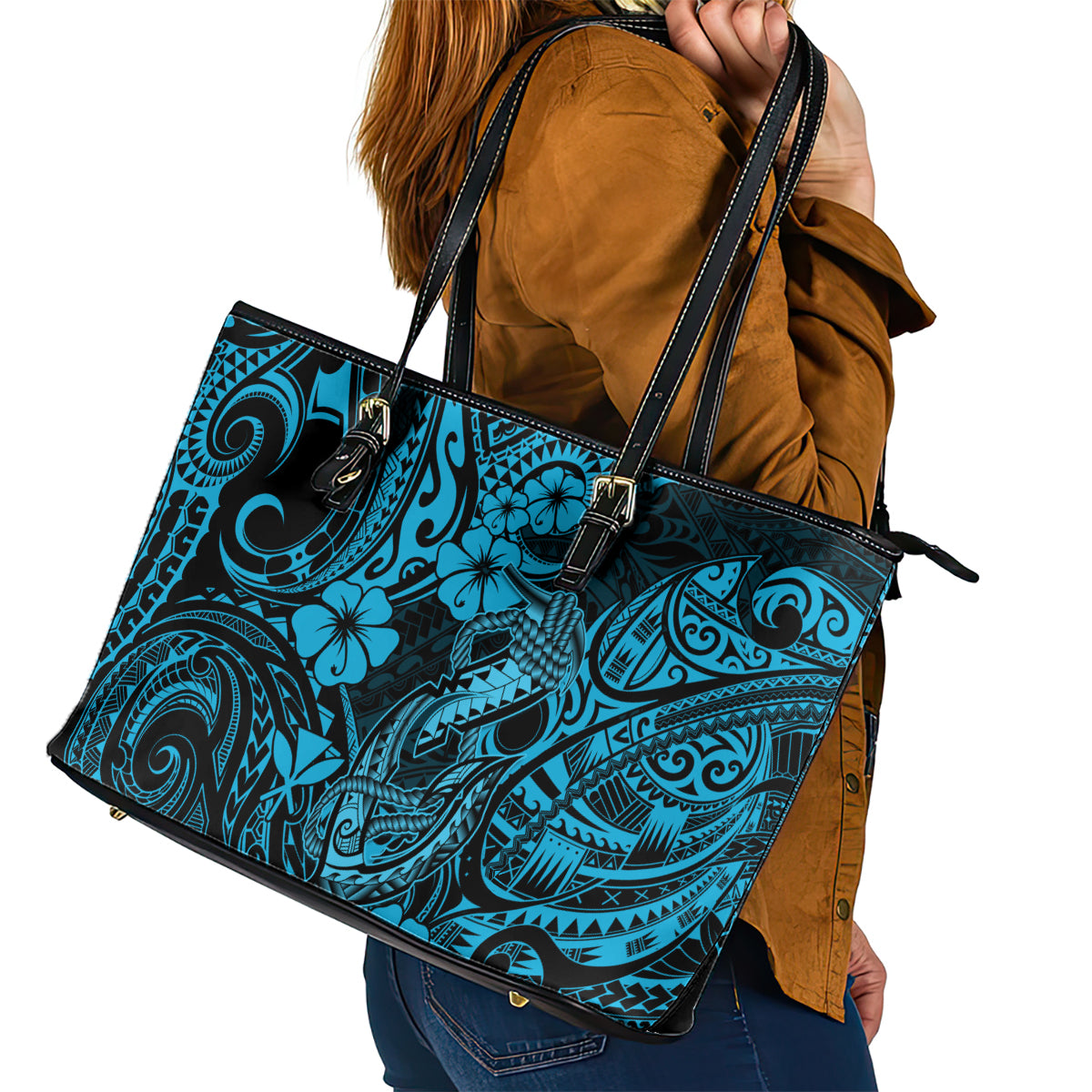 Hawaii Fish Hook Leather Tote Bag Hibiscus Hawaii Tribal Tattoo Sky Blue Version - Wonder Print Shop