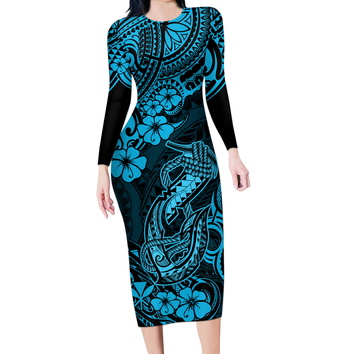 Hawaii Fish Hook Long Sleeve Bodycon Dress Hibiscus Hawaii Tribal Tattoo Sky Blue Version - Wonder Print Shop