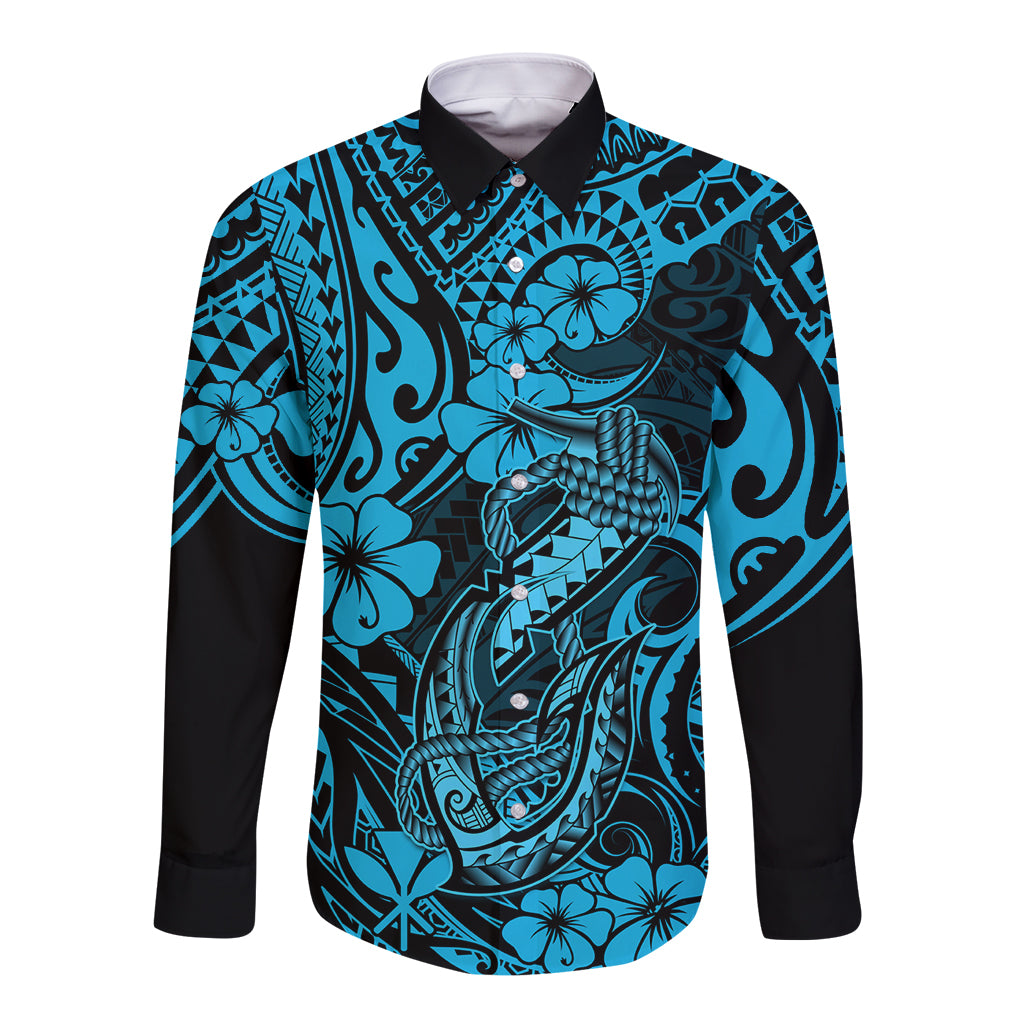 Hawaii Fish Hook Long Sleeve Button Shirt Hibiscus Hawaii Tribal Tattoo Sky Blue Version - Wonder Print Shop
