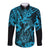 Hawaii Fish Hook Long Sleeve Button Shirt Hibiscus Hawaii Tribal Tattoo Sky Blue Version - Wonder Print Shop