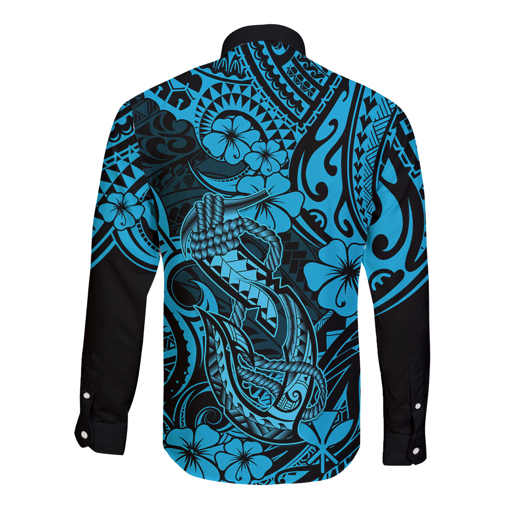 Hawaii Fish Hook Long Sleeve Button Shirt Hibiscus Hawaii Tribal Tattoo Sky Blue Version - Wonder Print Shop