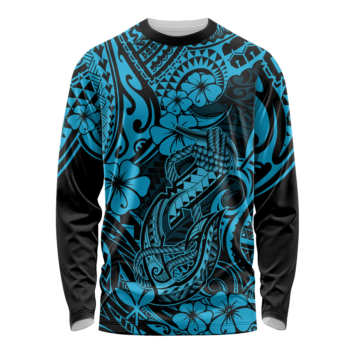 Hawaii Fish Hook Long Sleeve Shirt Hibiscus Hawaii Tribal Tattoo Sky Blue Version - Wonder Print Shop