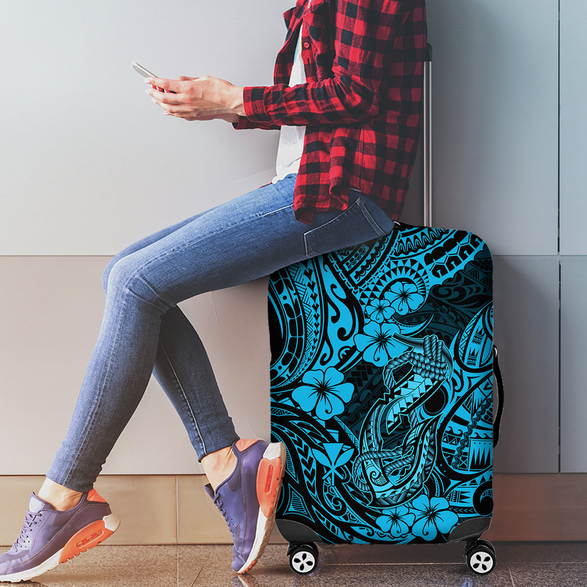 Hawaii Fish Hook Luggage Cover Hibiscus Hawaii Tribal Tattoo Sky Blue Version - Wonder Print Shop