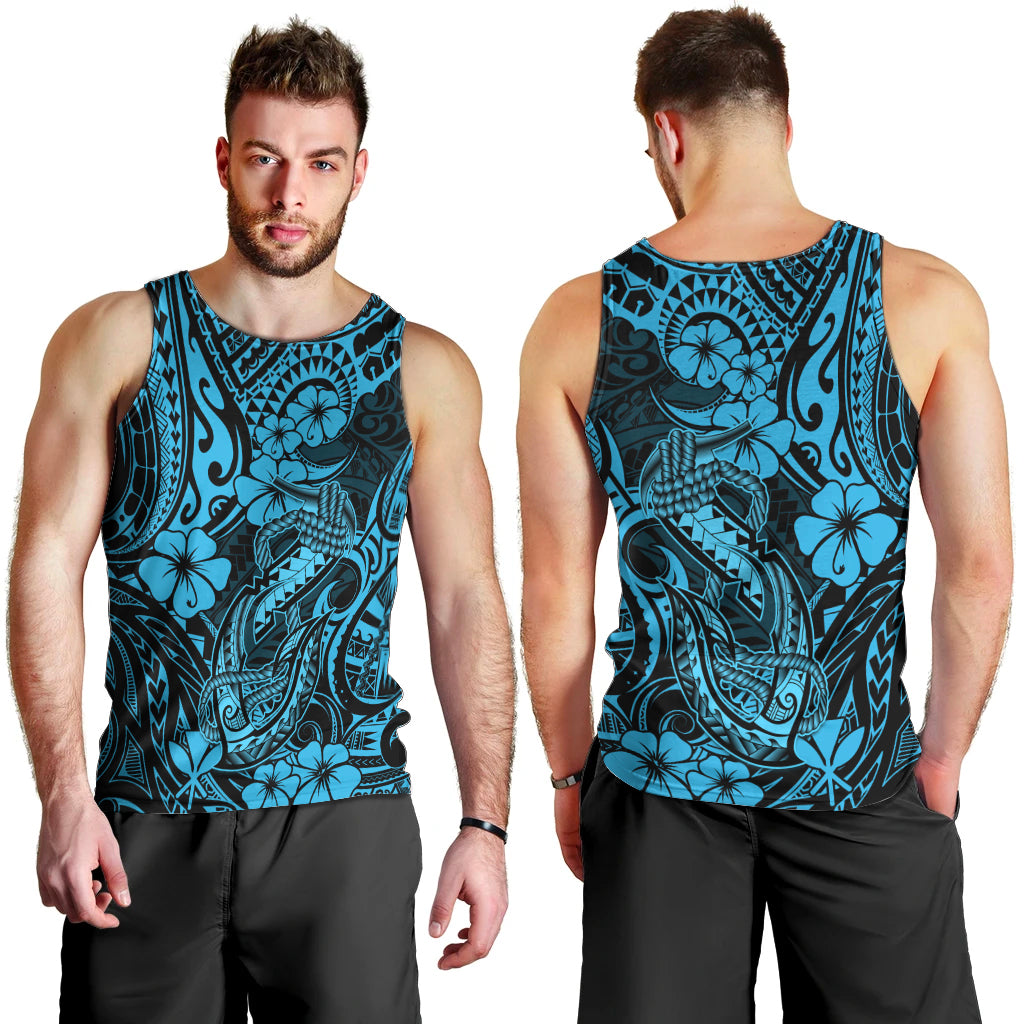 Hawaii Fish Hook Men Tank Top Hibiscus Hawaii Tribal Tattoo Sky Blue Version - Wonder Print Shop