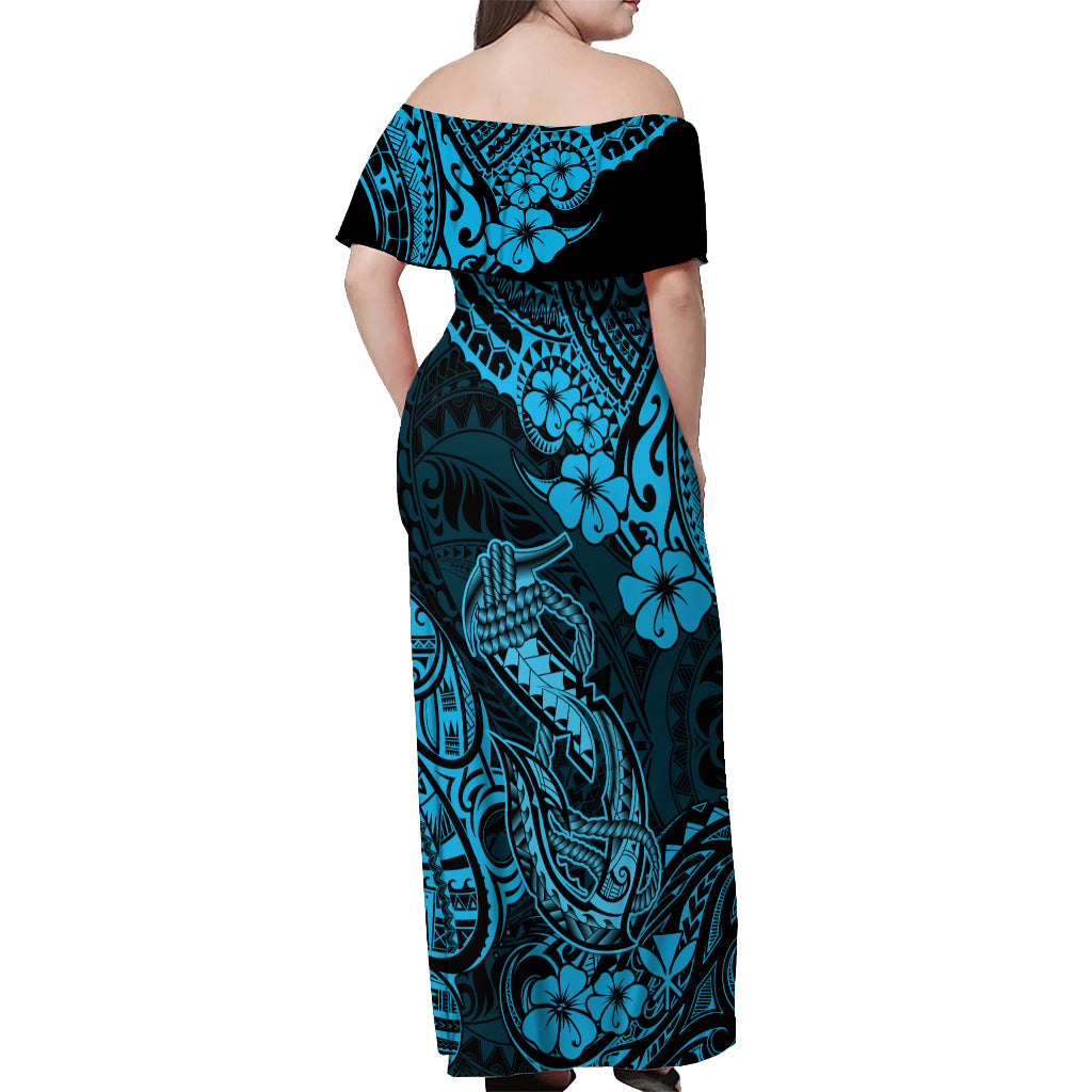 Hawaii Fish Hook Off Shoulder Maxi Dress Hibiscus Hawaii Tribal Tattoo Sky Blue Version - Wonder Print Shop