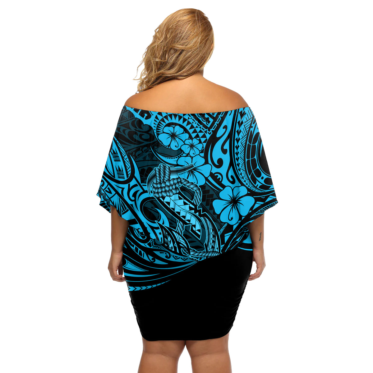 Hawaii Fish Hook Off Shoulder Short Dress Hibiscus Hawaii Tribal Tattoo Sky Blue Version - Wonder Print Shop