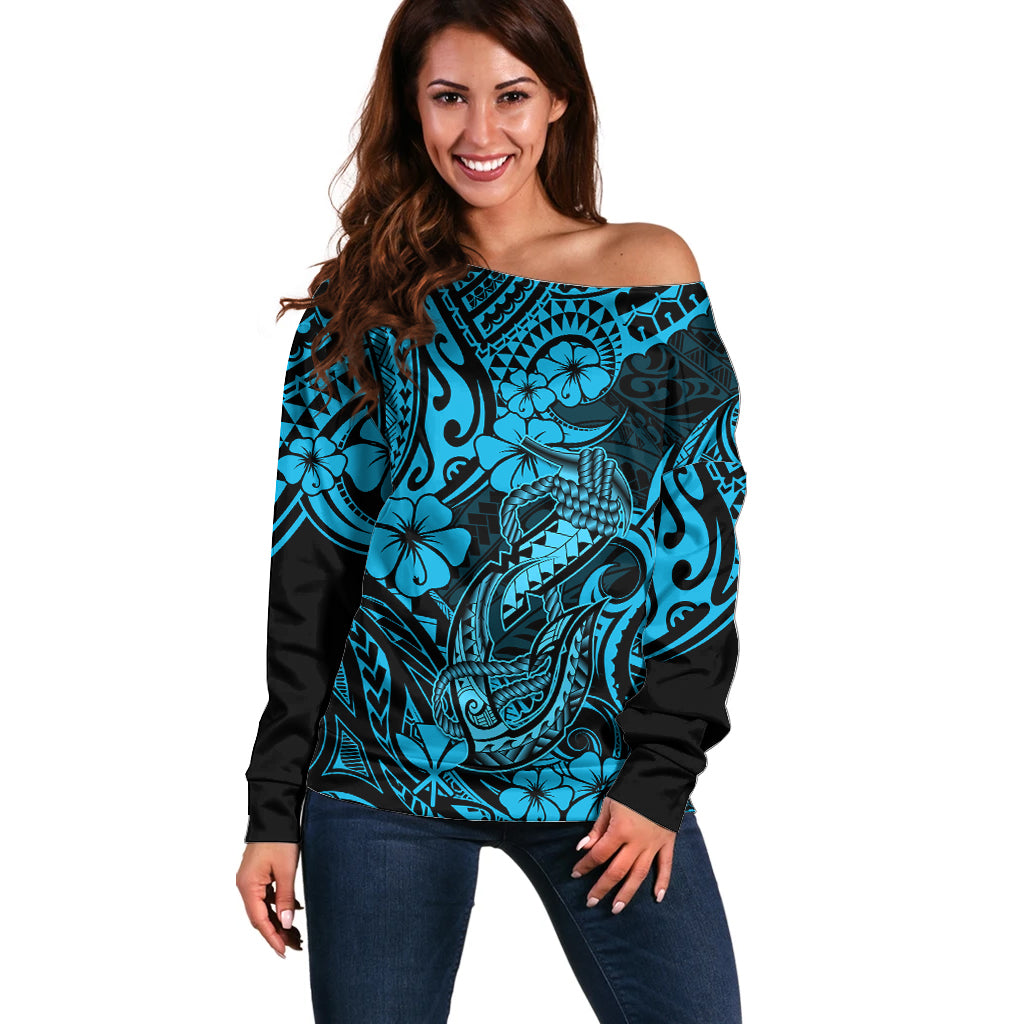 Hawaii Fish Hook Off Shoulder Sweater Hibiscus Hawaii Tribal Tattoo Sky Blue Version - Wonder Print Shop