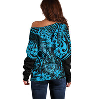 Hawaii Fish Hook Off Shoulder Sweater Hibiscus Hawaii Tribal Tattoo Sky Blue Version - Wonder Print Shop