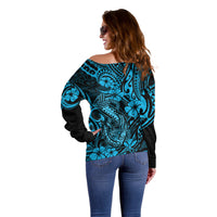 Hawaii Fish Hook Off Shoulder Sweater Hibiscus Hawaii Tribal Tattoo Sky Blue Version - Wonder Print Shop