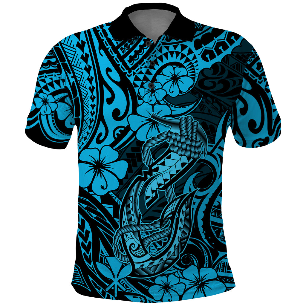 Hawaii Fish Hook Polo Shirt Hibiscus Hawaii Tribal Tattoo Sky Blue Version - Wonder Print Shop