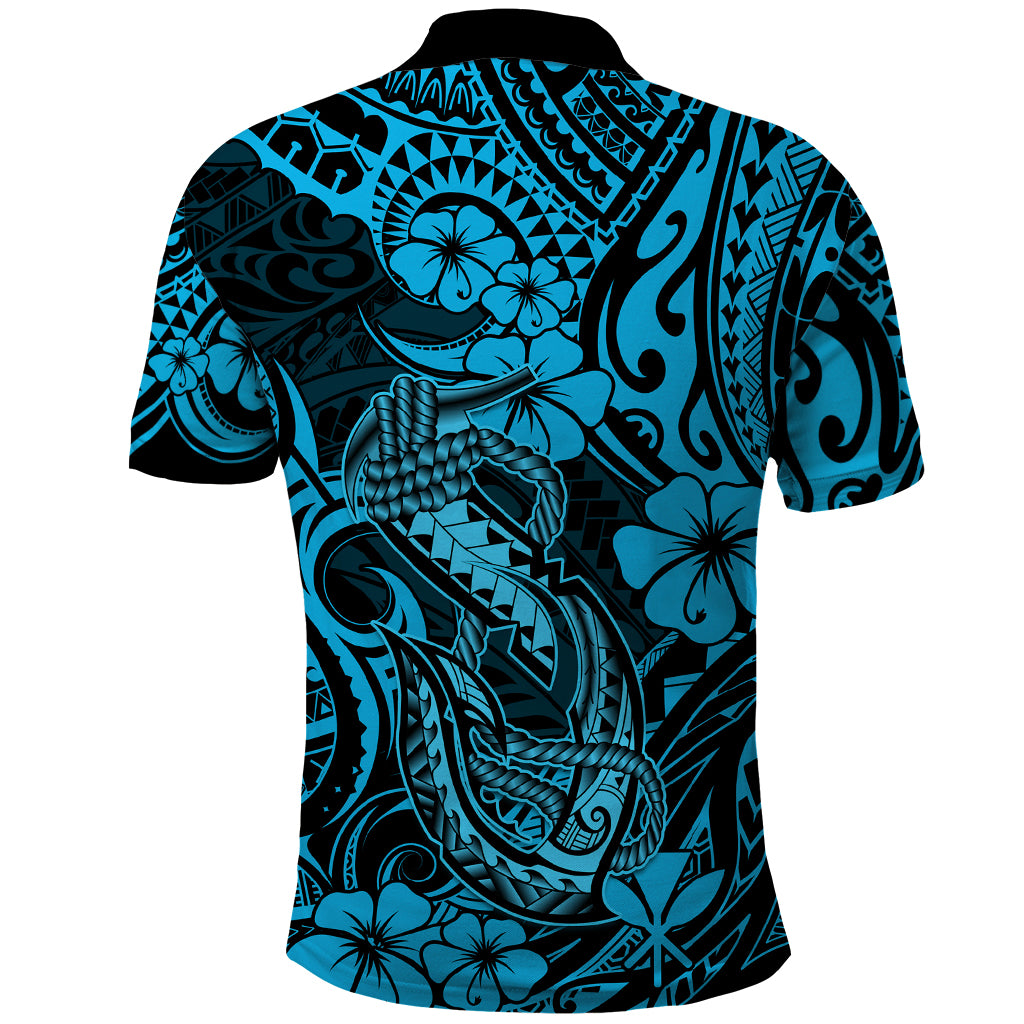 Hawaii Fish Hook Polo Shirt Hibiscus Hawaii Tribal Tattoo Sky Blue Version - Wonder Print Shop