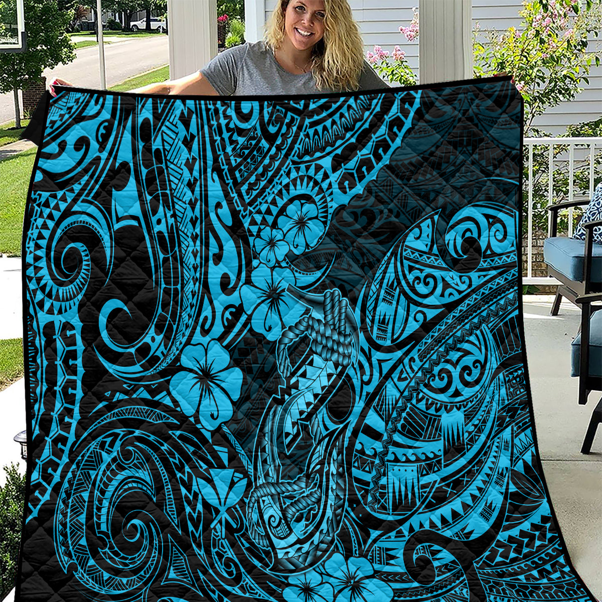 Hawaii Fish Hook Quilt Hibiscus Hawaii Tribal Tattoo Sky Blue Version - Wonder Print Shop