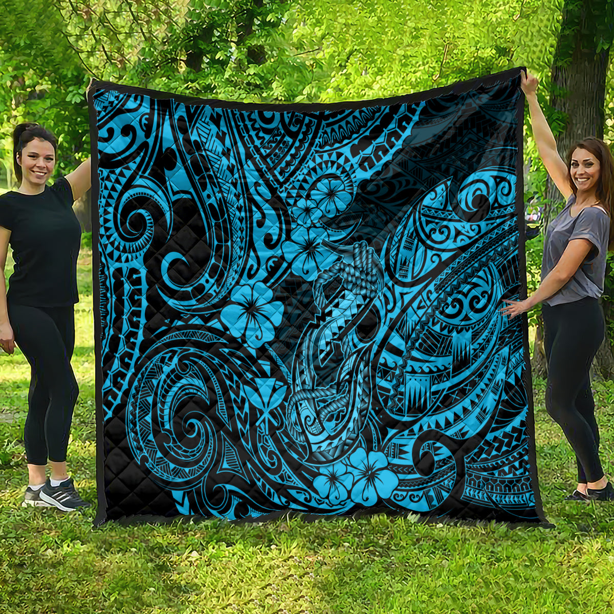 Hawaii Fish Hook Quilt Hibiscus Hawaii Tribal Tattoo Sky Blue Version - Wonder Print Shop