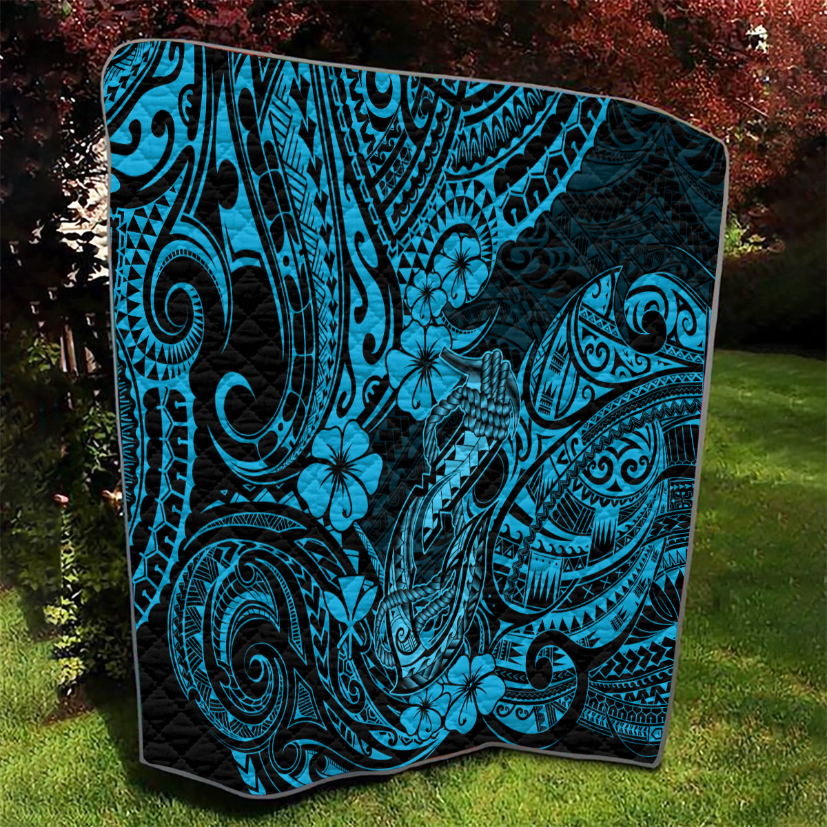 Hawaii Fish Hook Quilt Hibiscus Hawaii Tribal Tattoo Sky Blue Version - Wonder Print Shop