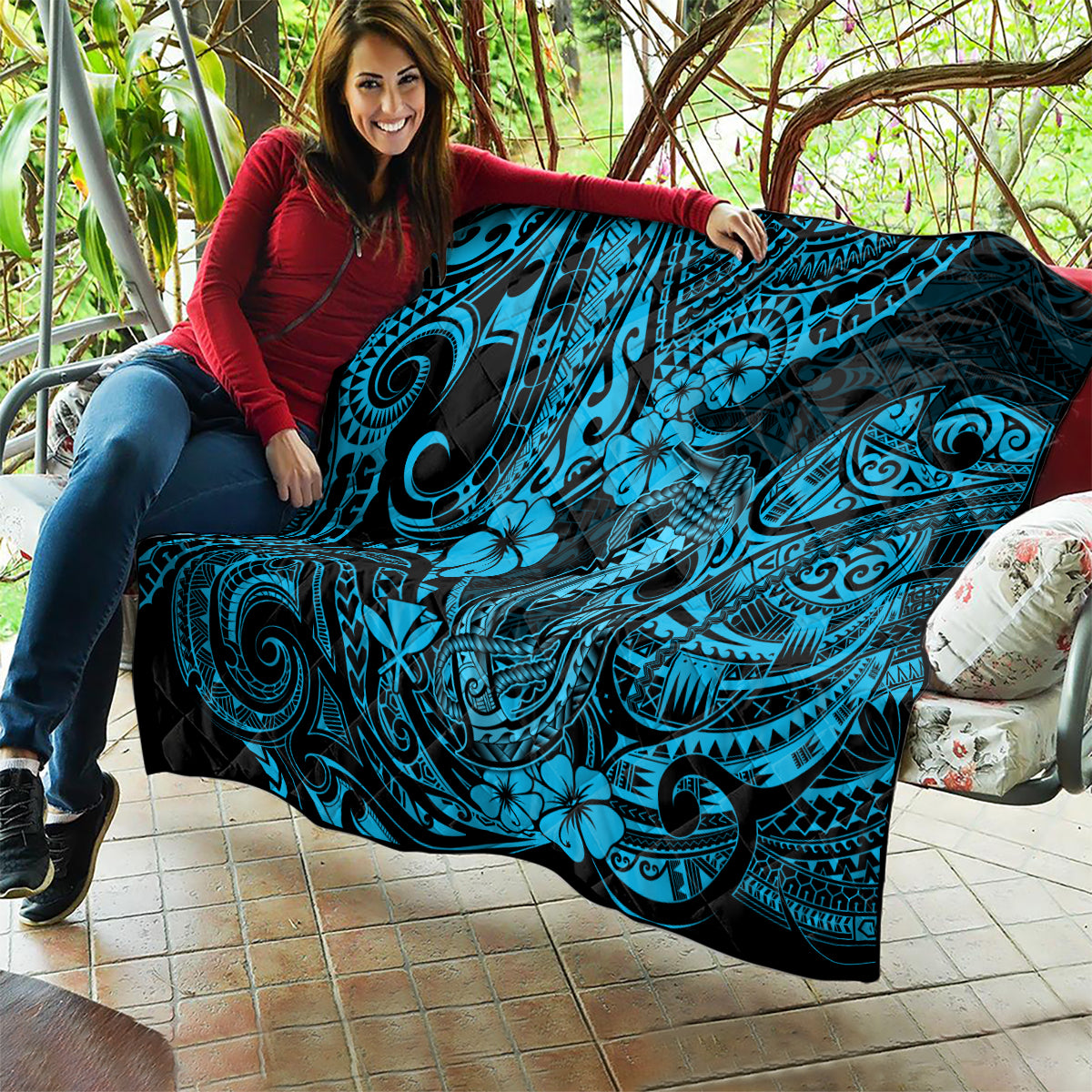 Hawaii Fish Hook Quilt Hibiscus Hawaii Tribal Tattoo Sky Blue Version - Wonder Print Shop
