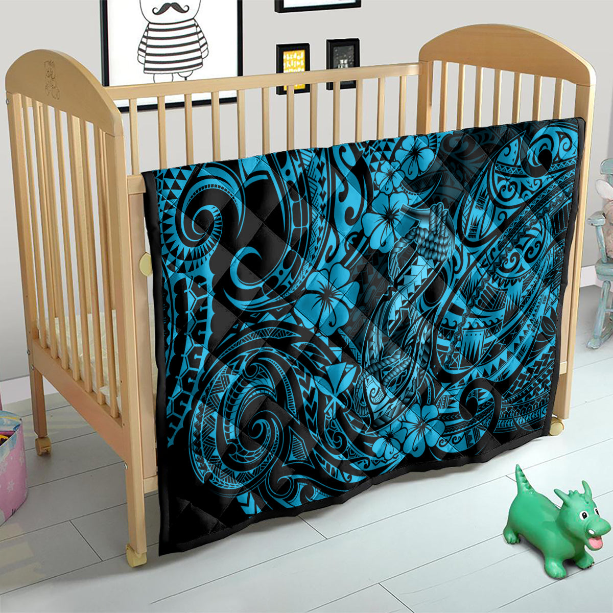 Hawaii Fish Hook Quilt Hibiscus Hawaii Tribal Tattoo Sky Blue Version - Wonder Print Shop