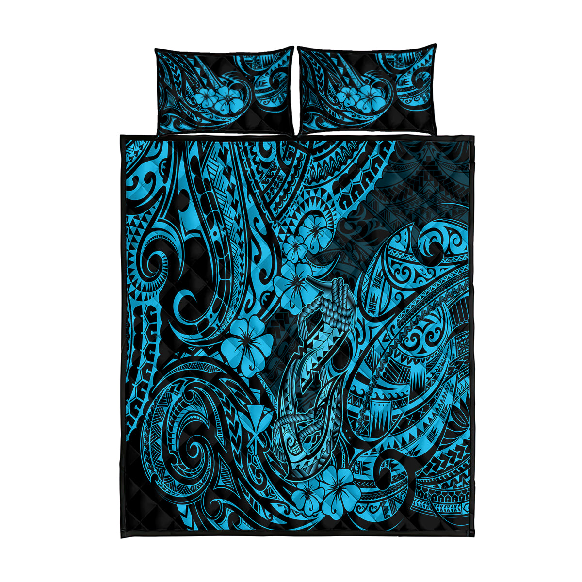Hawaii Fish Hook Quilt Bed Set Hibiscus Hawaii Tribal Tattoo Sky Blue Version - Wonder Print Shop