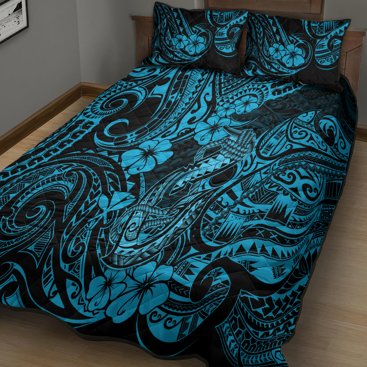 Hawaii Fish Hook Quilt Bed Set Hibiscus Hawaii Tribal Tattoo Sky Blue Version - Wonder Print Shop