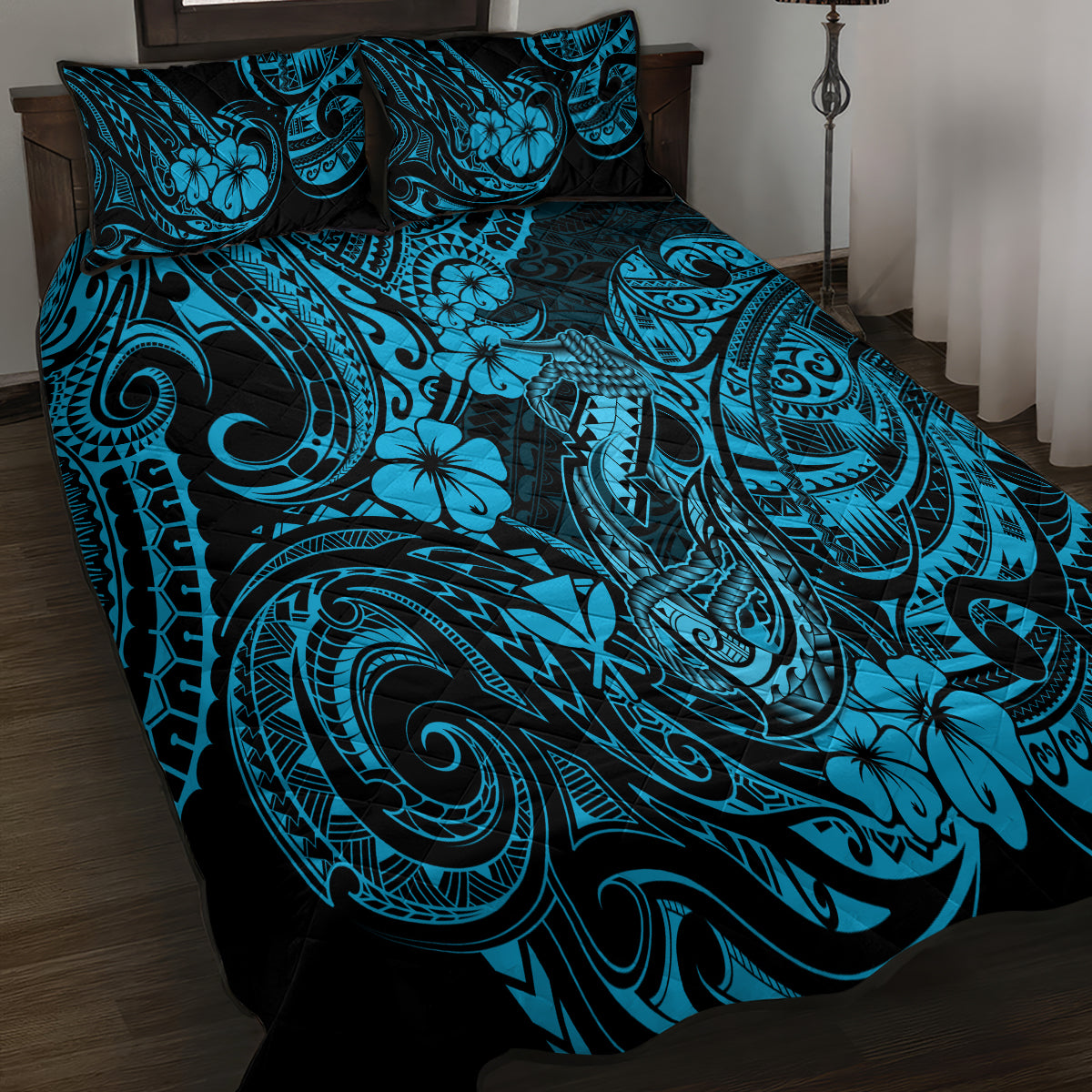 Hawaii Fish Hook Quilt Bed Set Hibiscus Hawaii Tribal Tattoo Sky Blue Version - Wonder Print Shop