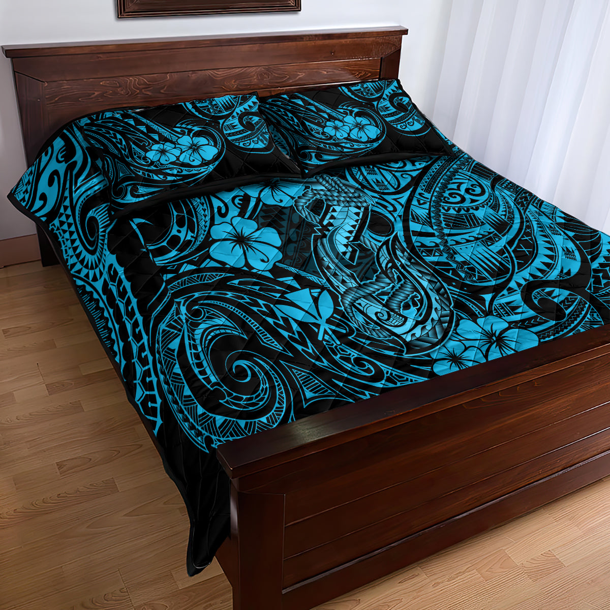 Hawaii Fish Hook Quilt Bed Set Hibiscus Hawaii Tribal Tattoo Sky Blue Version - Wonder Print Shop