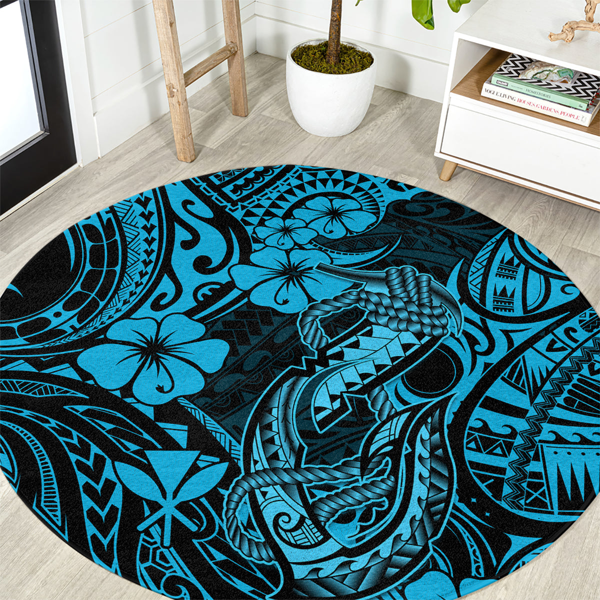 hawaii-fish-hook-round-carpet-hibiscus-hawaii-tribal-tattoo-sky-blue-version