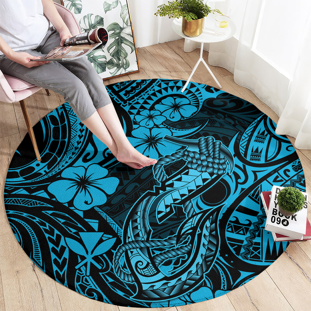 hawaii-fish-hook-round-carpet-hibiscus-hawaii-tribal-tattoo-sky-blue-version