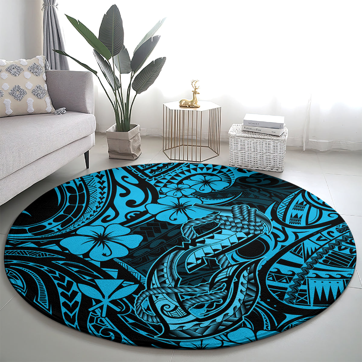 hawaii-fish-hook-round-carpet-hibiscus-hawaii-tribal-tattoo-sky-blue-version