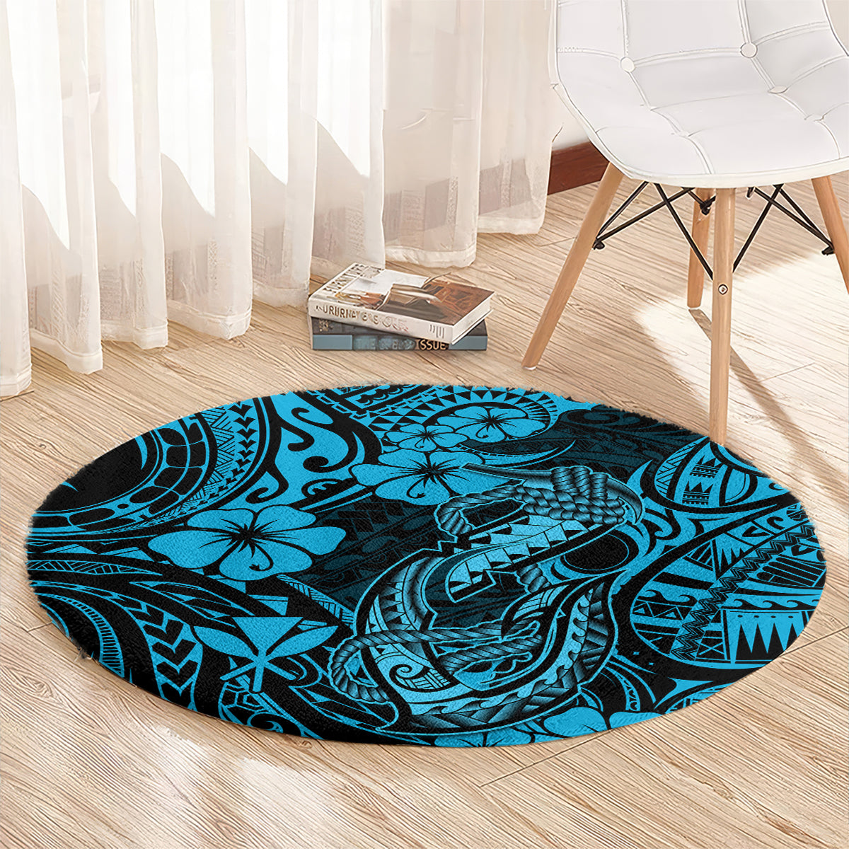 hawaii-fish-hook-round-carpet-hibiscus-hawaii-tribal-tattoo-sky-blue-version