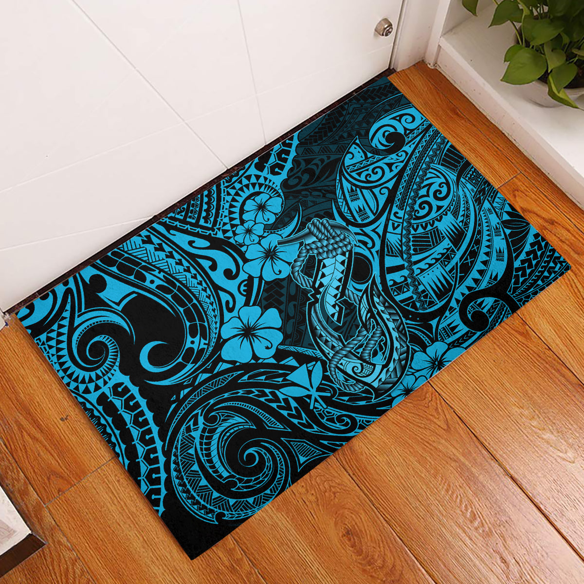 Hawaii Fish Hook Rubber Doormat Hibiscus Hawaii Tribal Tattoo Sky Blue Version - Wonder Print Shop