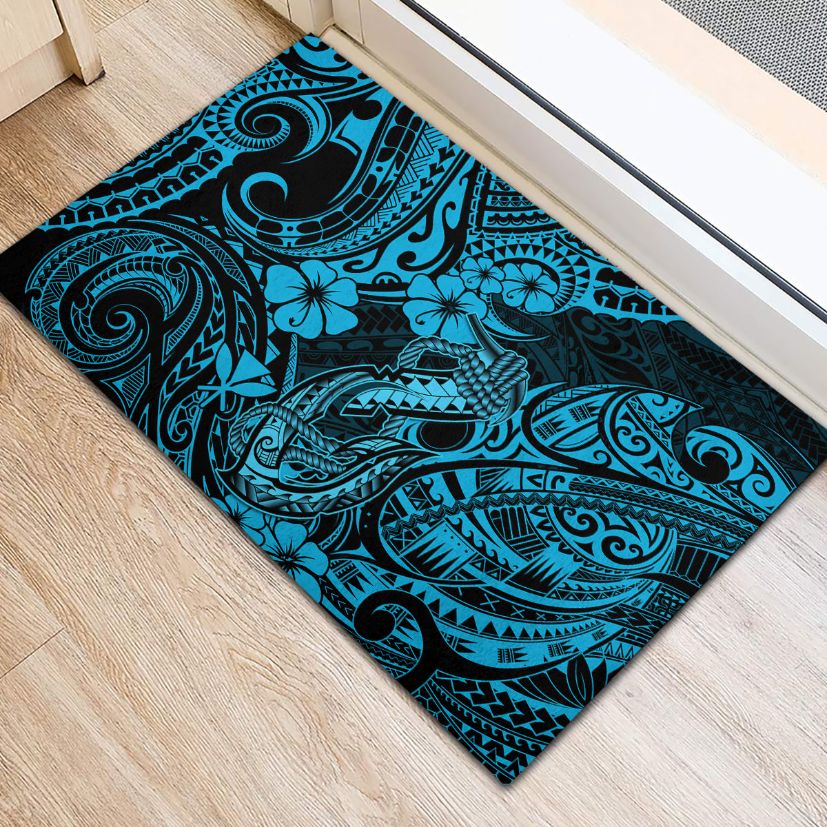 Hawaii Fish Hook Rubber Doormat Hibiscus Hawaii Tribal Tattoo Sky Blue Version - Wonder Print Shop