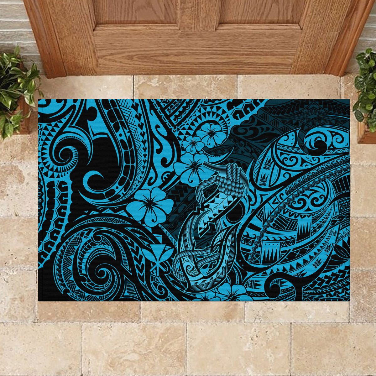 Hawaii Fish Hook Rubber Doormat Hibiscus Hawaii Tribal Tattoo Sky Blue Version - Wonder Print Shop
