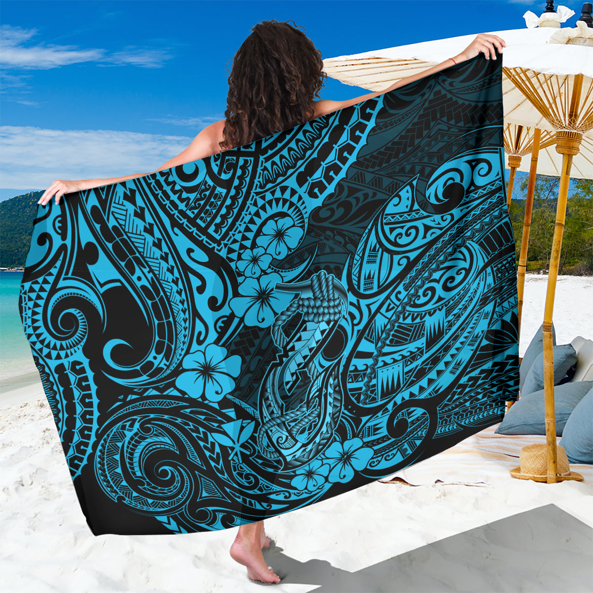 Hawaii Fish Hook Sarong Hibiscus Hawaii Tribal Tattoo Sky Blue Version - Wonder Print Shop