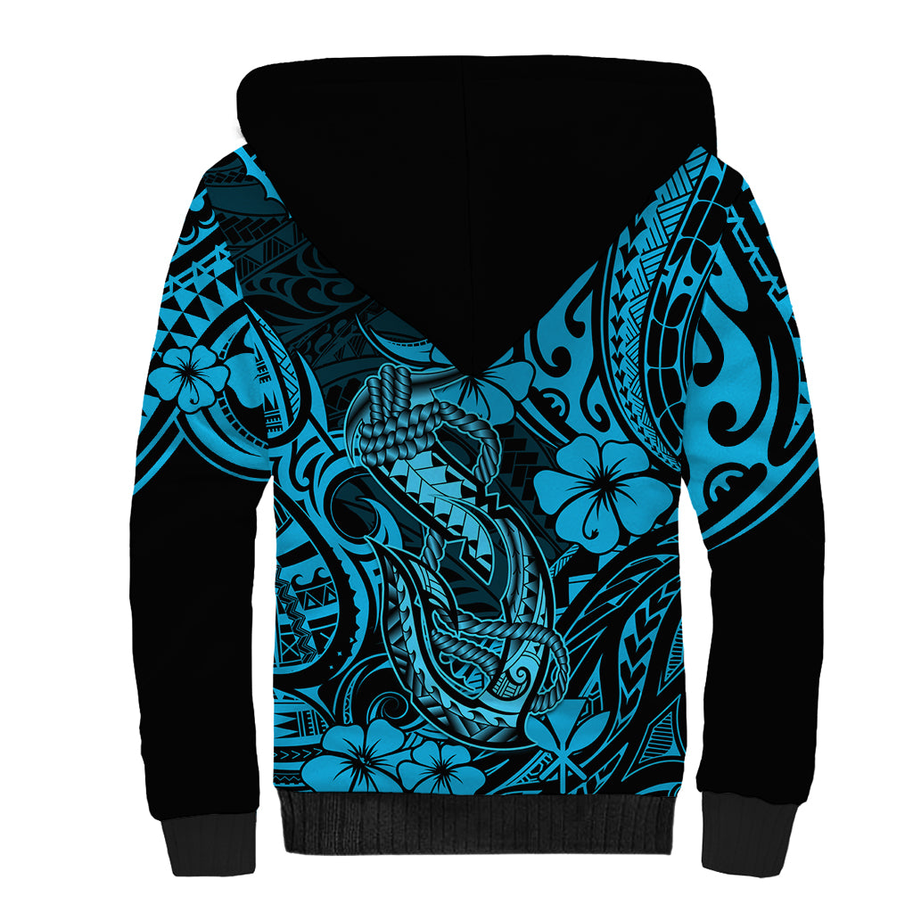 Hawaii Fish Hook Sherpa Hoodie Hibiscus Hawaii Tribal Tattoo Sky Blue Version - Wonder Print Shop
