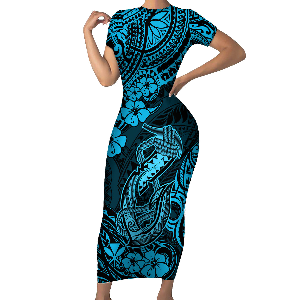 Hawaii Fish Hook Short Sleeve Bodycon Dress Hibiscus Hawaii Tribal Tattoo Sky Blue Version - Wonder Print Shop