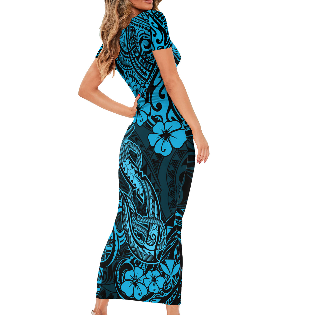 Hawaii Fish Hook Short Sleeve Bodycon Dress Hibiscus Hawaii Tribal Tattoo Sky Blue Version - Wonder Print Shop